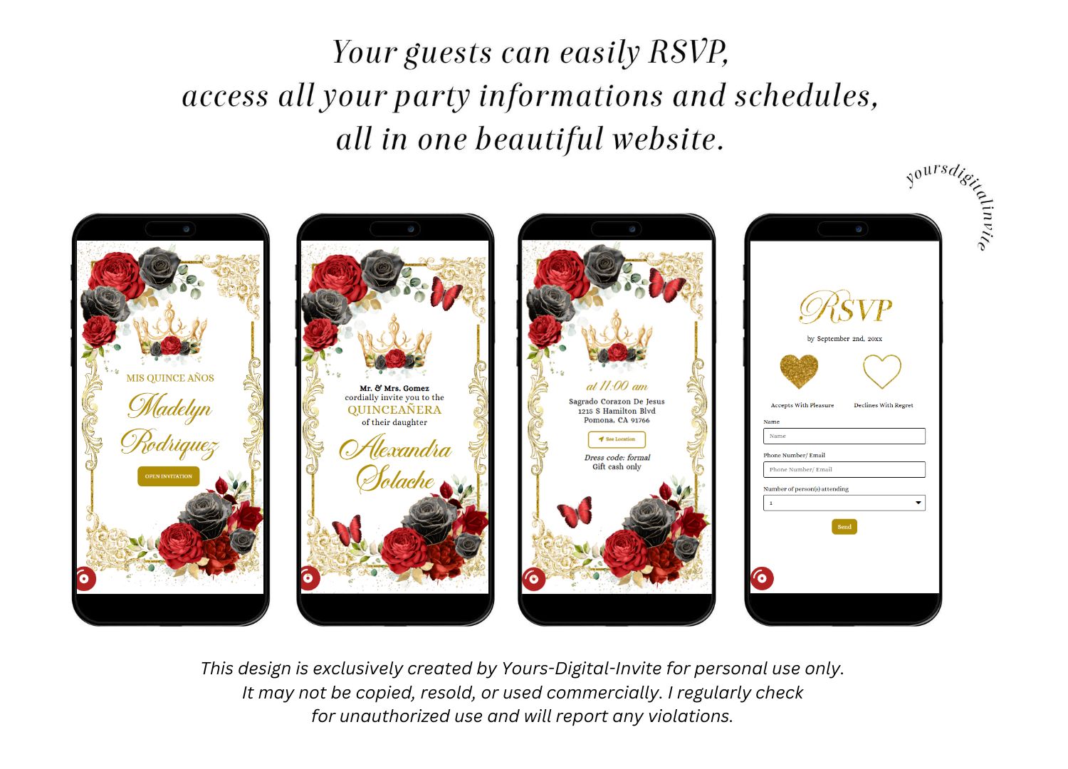 A22 Black and Red Quinceanera Invitation