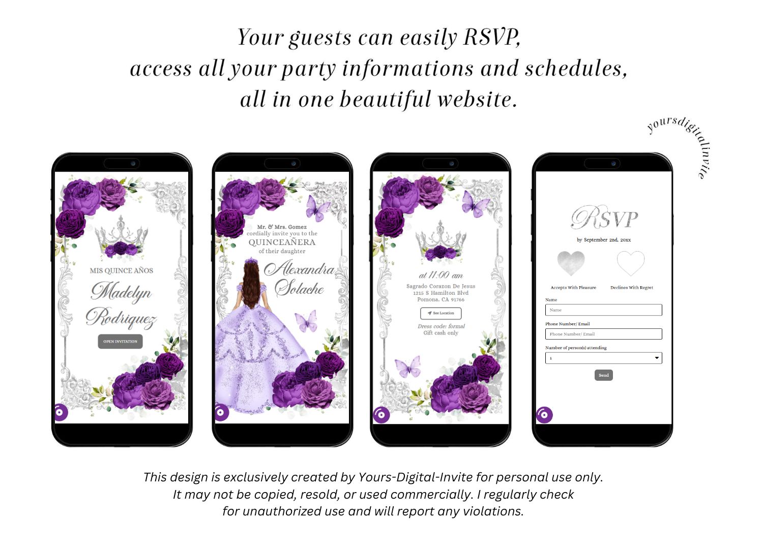 All A22 purple Elegant Purple Princess Quinceanera Invitation