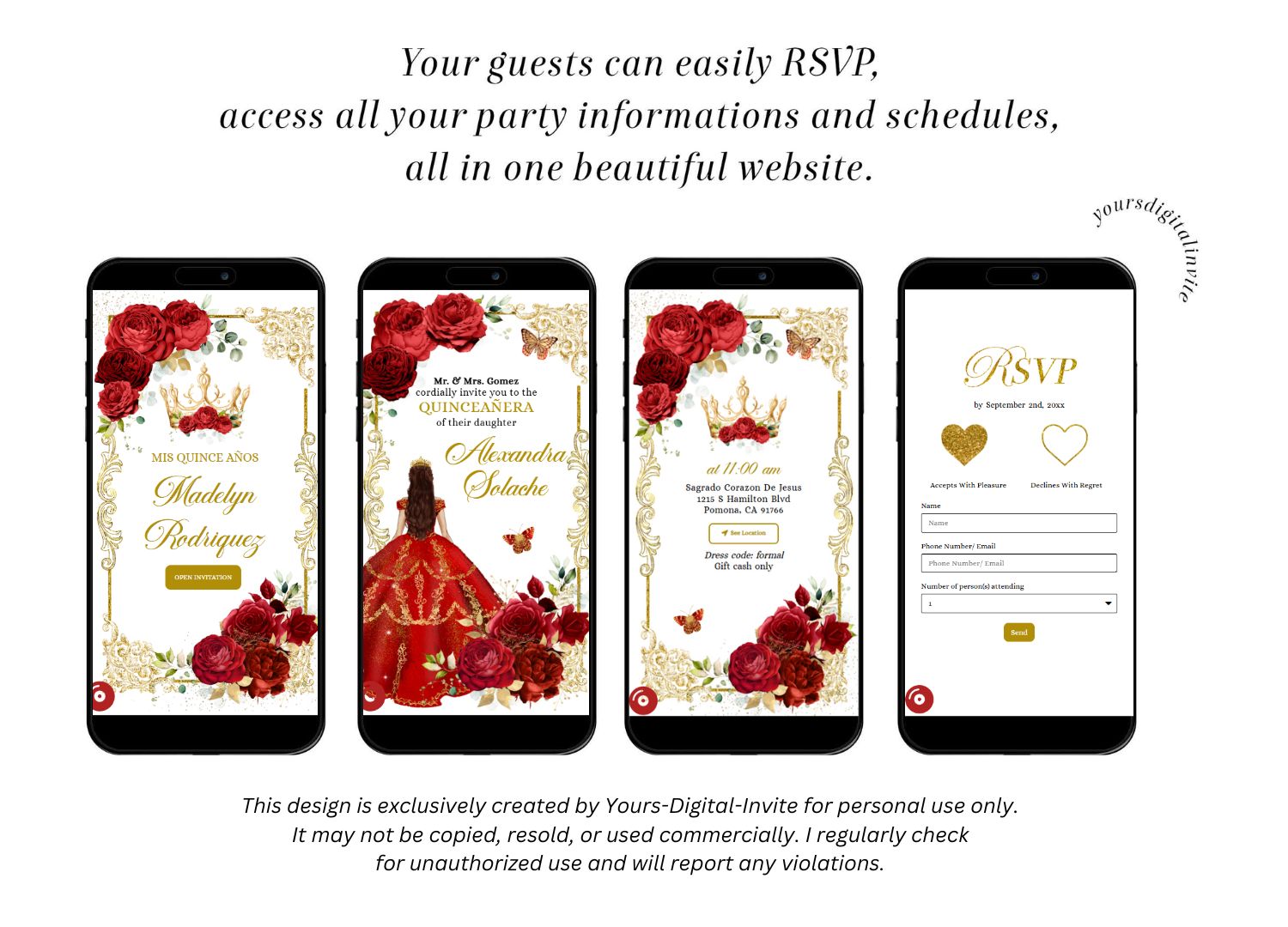 All A22 reds Elegant Red Princess Quinceanera Invitation