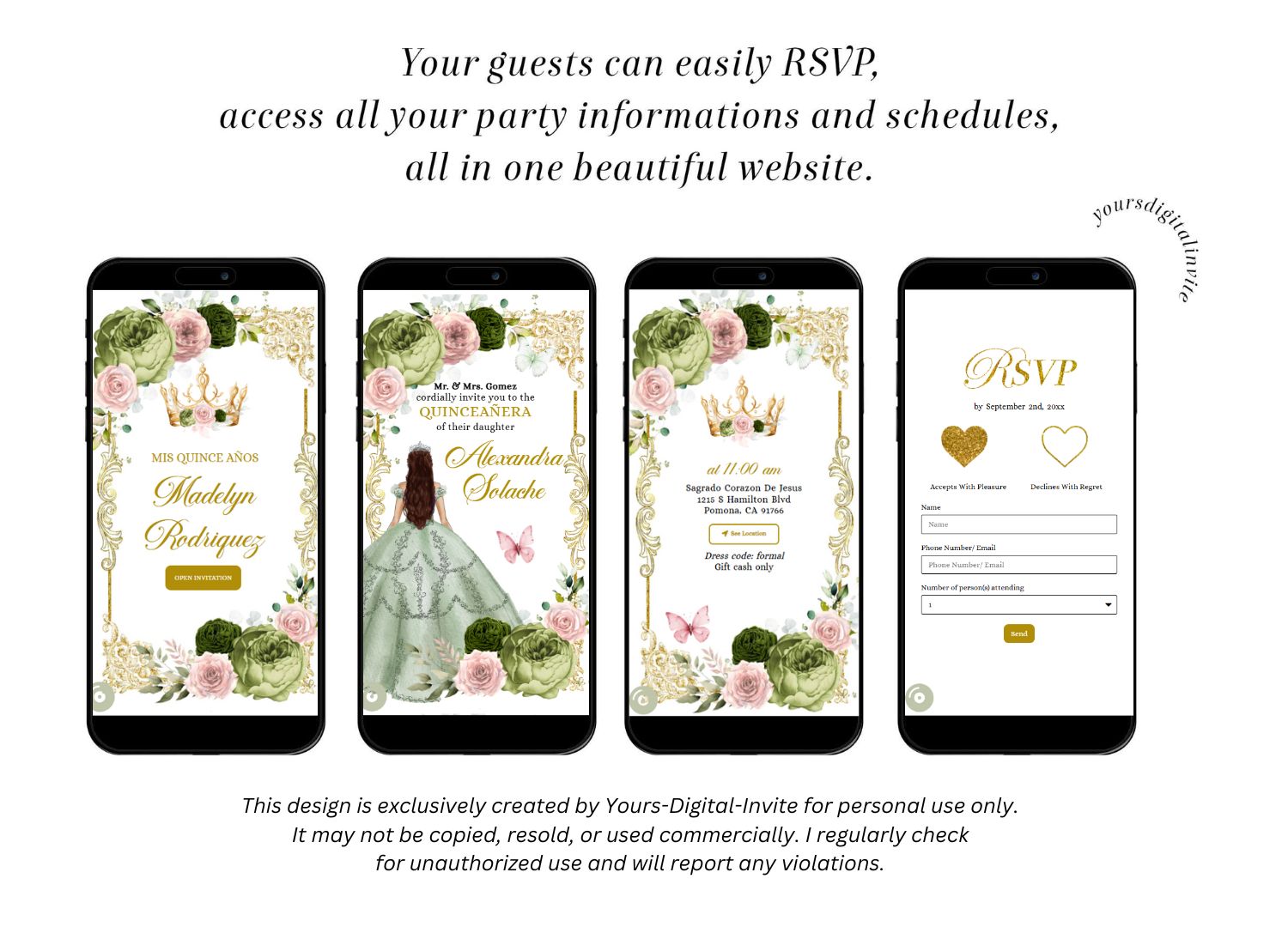 Elegant Sage and Pink Princess Quinceanera Invitation