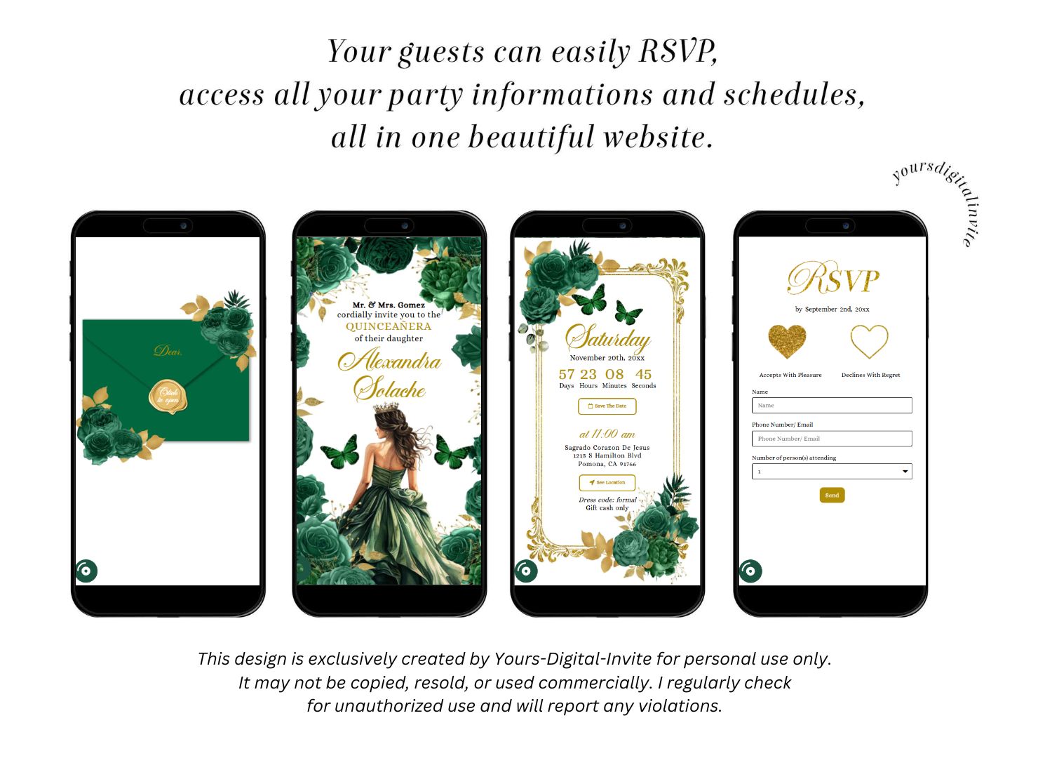 Gold and Emerald Green Princess Quinceanera Invitation