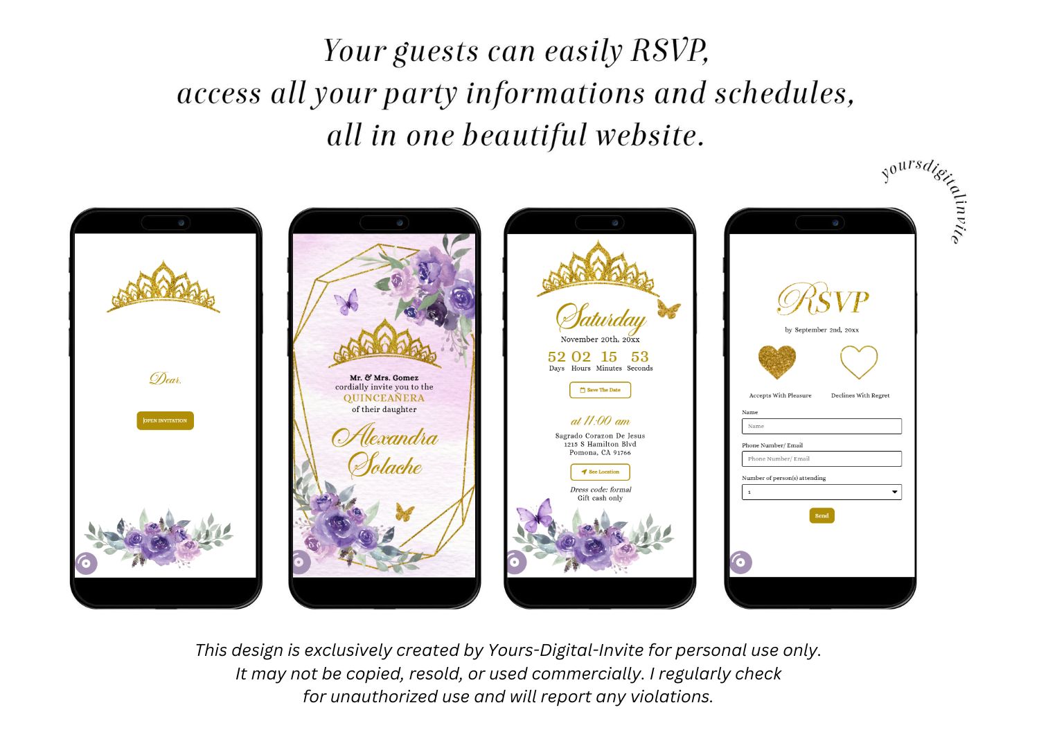 Gold Purple Floral Butterfly Crown Quinceanera Invitation