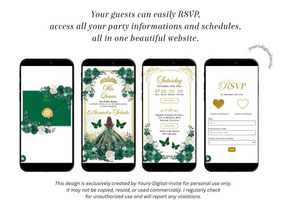 Gold and Emerald Green Princess Quinceanera Invitation