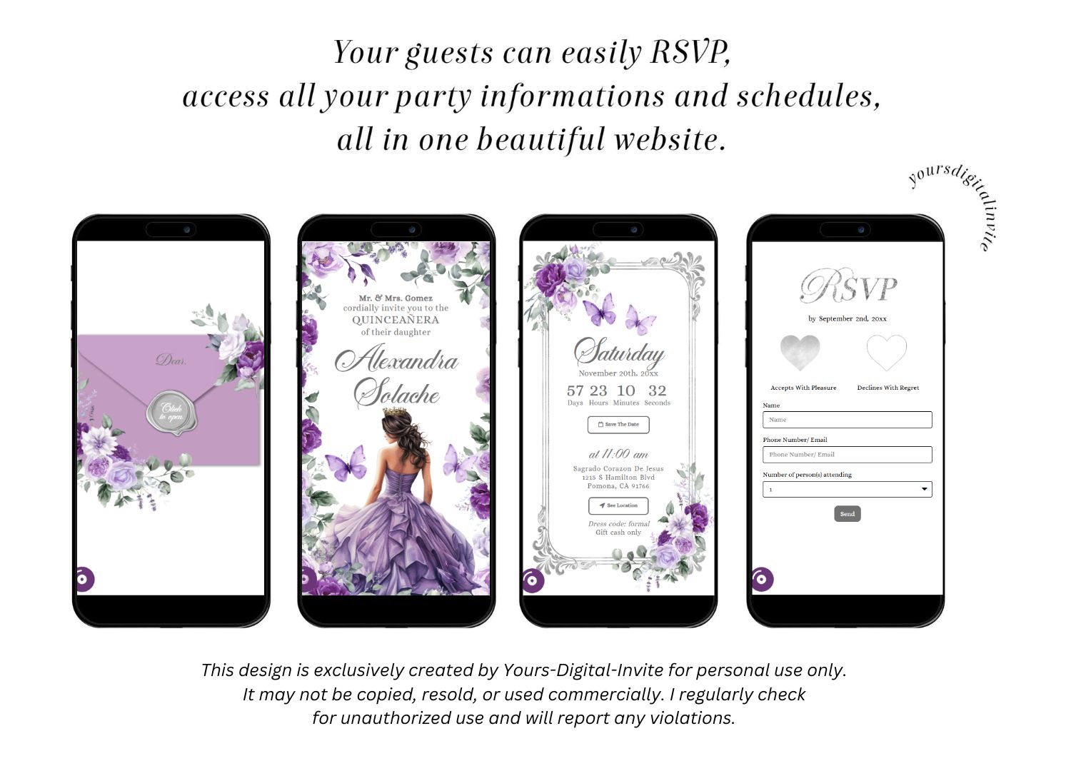 Silver Purple Princess Quinceanera Invitation