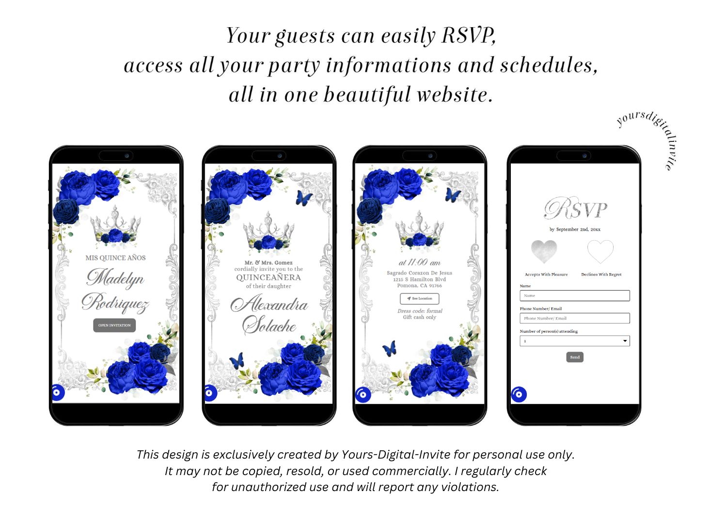 Elegant Royal Blue Quinceanera Invitation