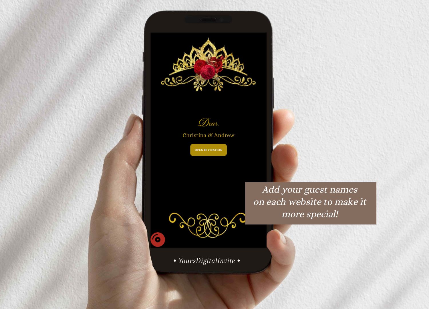 Elegant Black and Red Roses Royal Princess Invitation Custom Name