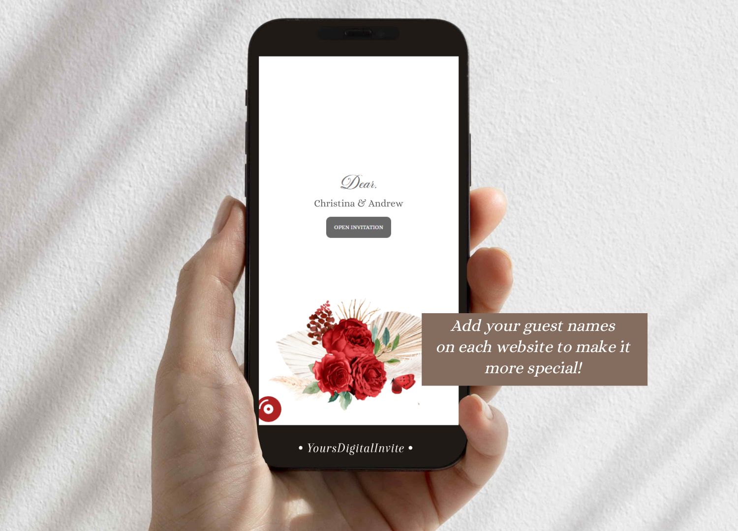 Boho Red Roses Pampas Grass Princess Mis Quince custom guest name