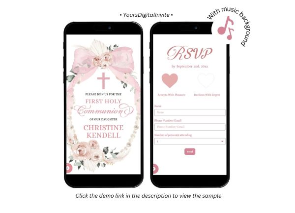 Bow and Pearl First Holy Communion Invitation rsvp