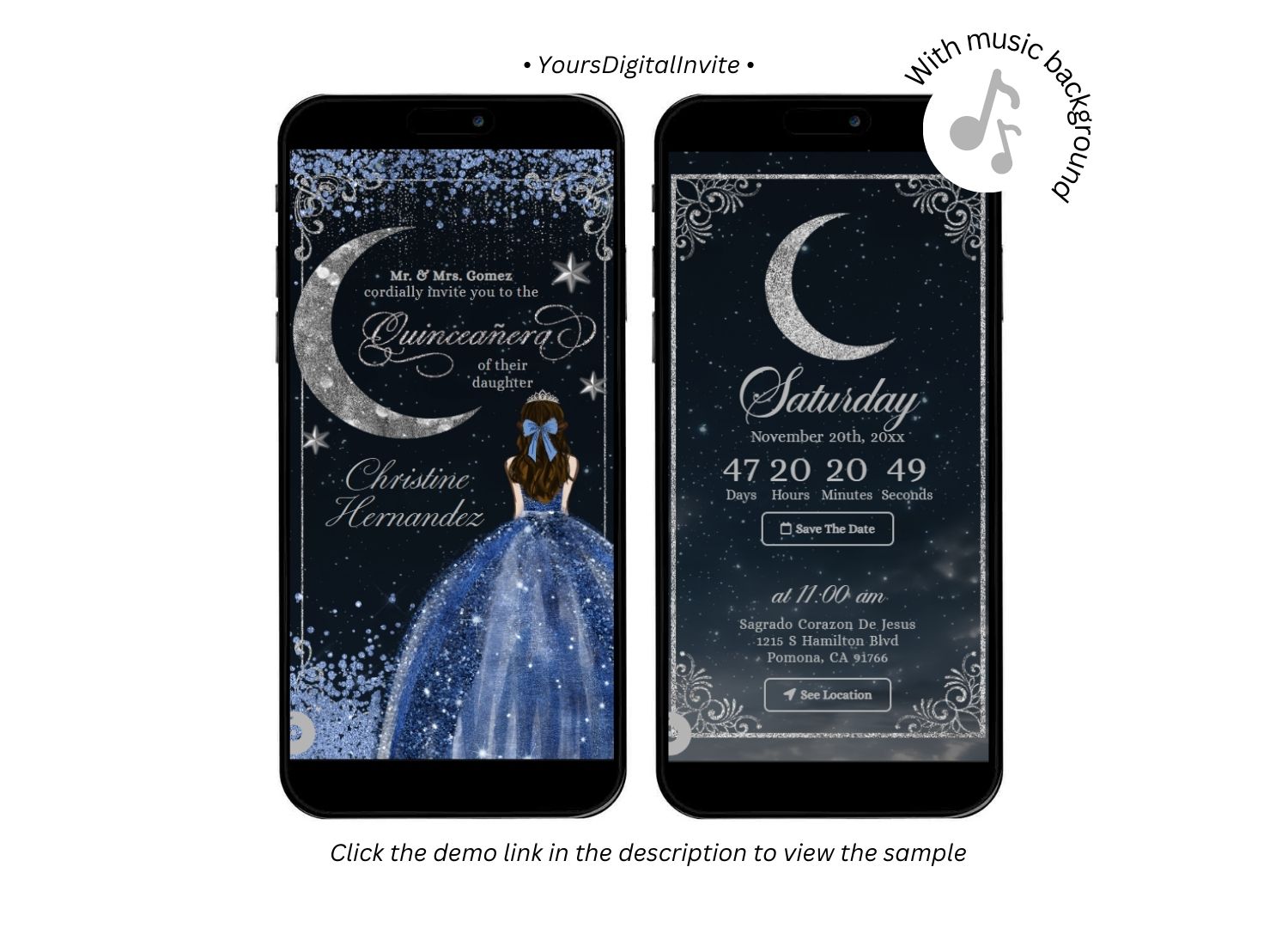 Gold Dusty Blue Quinceanera Celestial Glam Invitation