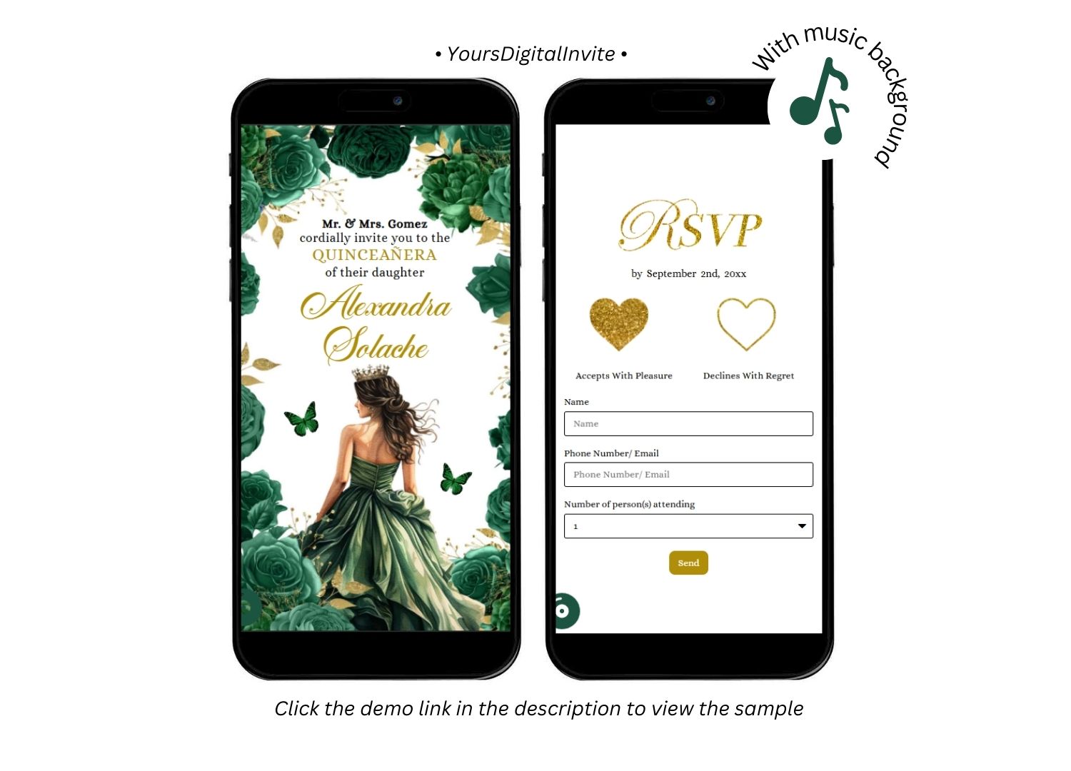 Gold and Emerald Green Princess Quinceanera Invitation
