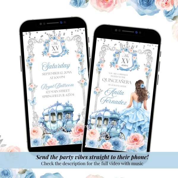 A20 Blush Pink and Blue Carriage Royal Princess Quinceanera Invitation