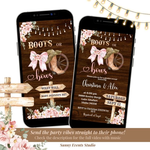 C13 Rustic Wood Background Floral Boots or Bows Gender Reveal Invitation