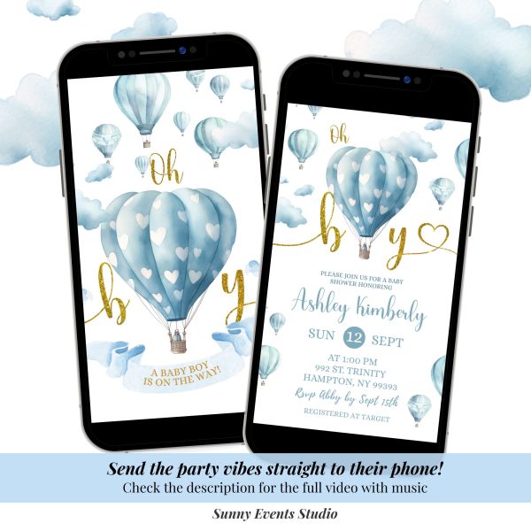 C26 Blue Adventure Hot Air Balloon Oh Boy Baby Shower Invitation
