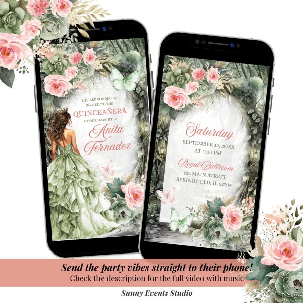 A14 Pink and Sage Green Whimsical Forest Quinceanera Invitation