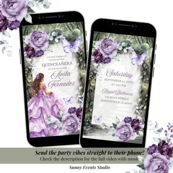 A14 Purple Whimsical Forest Quinceanera Invitation