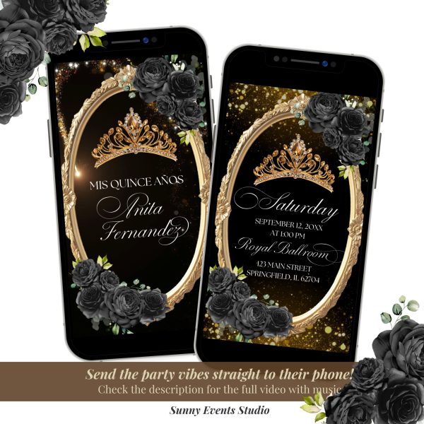 A24 Black and Gold Roses Gold Quinceanera Invitation