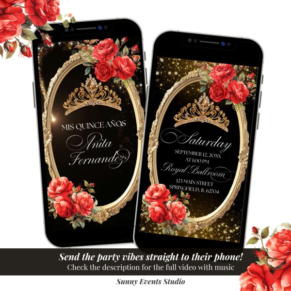 A24 Black Red Roses Gold Quinceanera Invitation