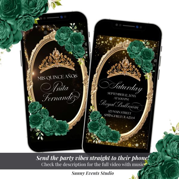 A24 Black Emerald Green Roses Gold Quinceanera Invitation