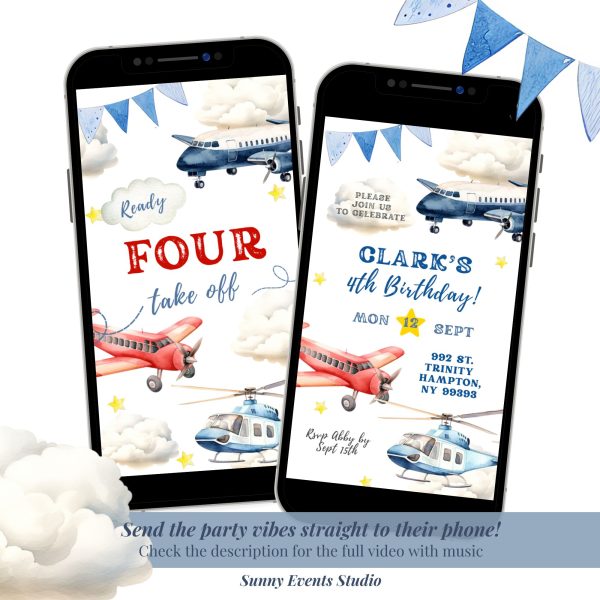 C76 Airplane Boy 4th Birthday Invitation