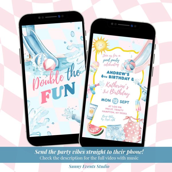 C44 Pink and Blue Groovy Pastel Sibling Waterslide Joint Birthday Invitation