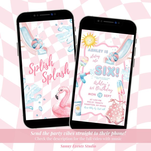 C44 Pink Groovy Pastel Pool Summer Party Girl birthday Invitation