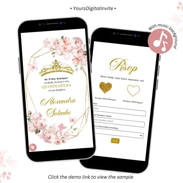 Q31 Elegant Gold Pink Floral Mis Quince Años Birthday Invitation