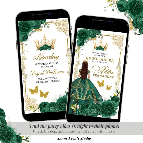 A22 Elegant Green emerald Princess Quinceanera Invitation