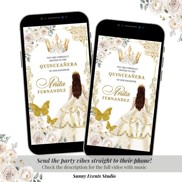 A22 Elegant Ivory Champagne Princess Quinceanera Invitation