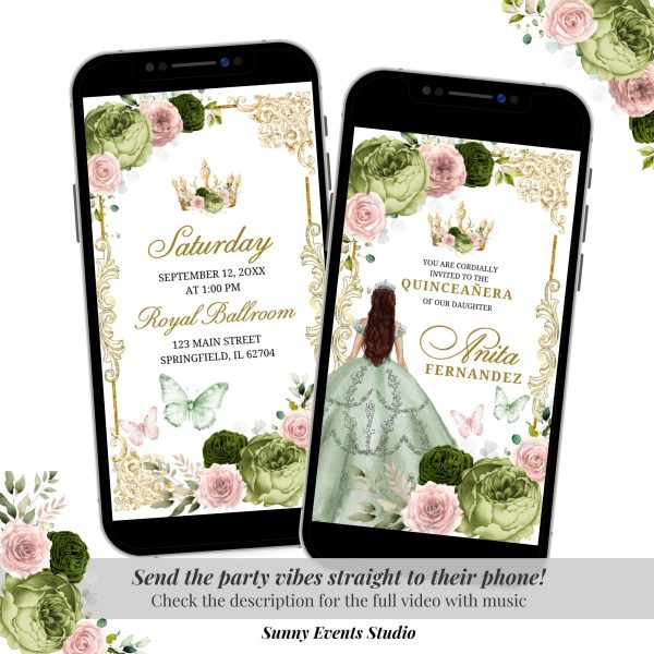 A22 Elegant Sage and Pink Princess Quinceanera Invitation
