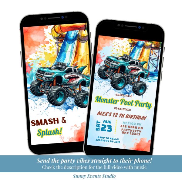 C133 Monster Truck Waterslide Pool Party Birthday Invitation