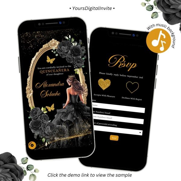 A24 Black And Gold Roses Quinceanera Invitation