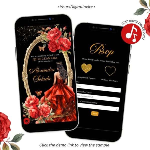 A24 Black Red Roses Gold Quinceanera Invitation