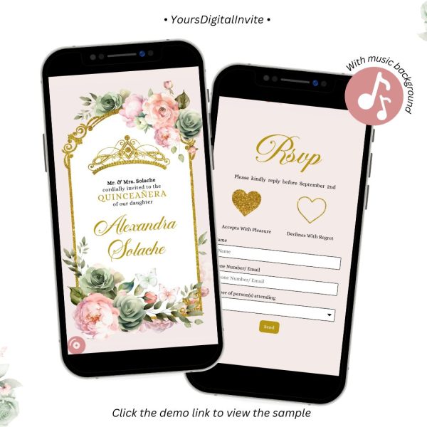A25 Elegant Royal Crown Sage Green and Light Pink Quinceanera Invitation