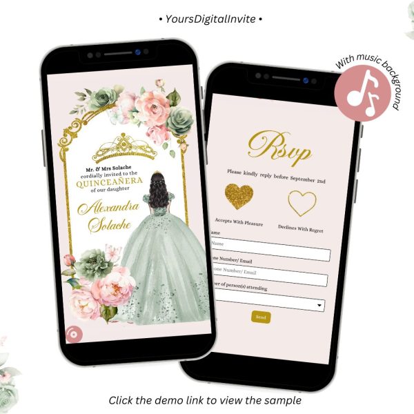 A25 Elegant Princess Sage Green and Dusty Rose Quinceanera Invitation