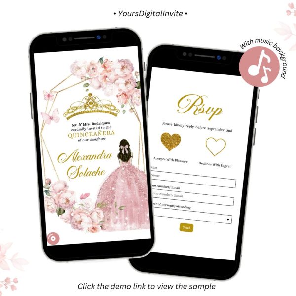 Q31 Elegant Gold Pink Floral Princesa Mexican Quince Invitation