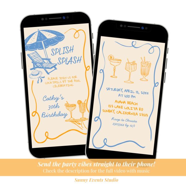 C116 Summer Hand Drawn Cocktails by the pool birthday party invitation