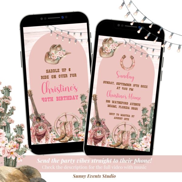 C14 Western Pink Boots Cowgirl Birthday party Invitation