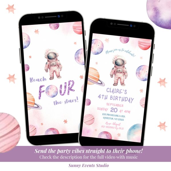 C59 Modern Minimalist Astronaut Girl 4th Birthday Invitation