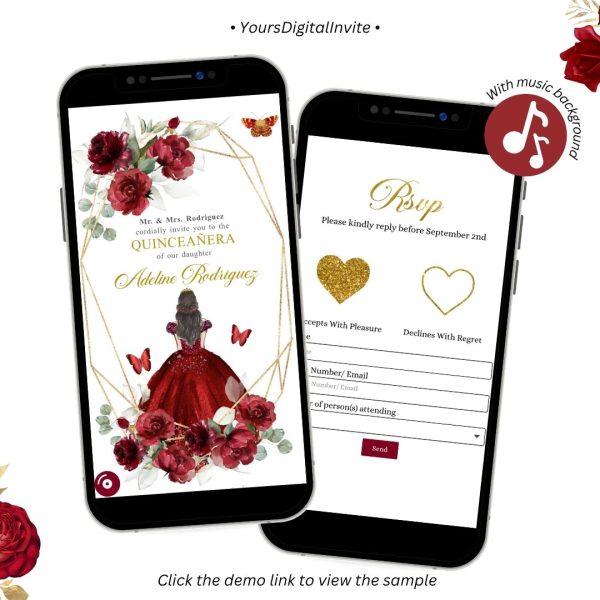 Q9 Digital Red Burgundy Rose Princess Quinceanera Website Invitation