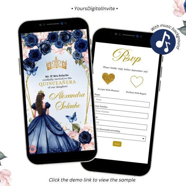 A26 Geometric Navy Gold Blush Pink Mis Quince Invitation