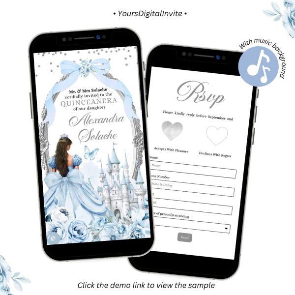 A6 Blue Coquette Bow Fairytale Castle Quinceanera Invitation