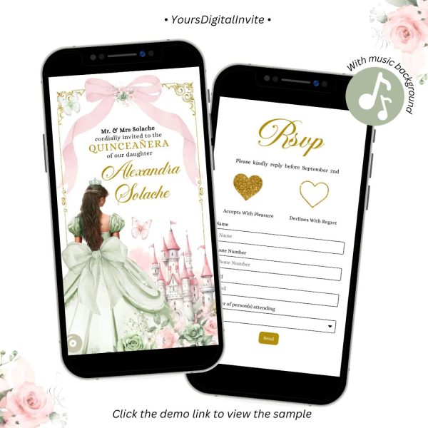 A6 Sage and Blush Pink Coquette Bow Fairytale Castle Quinceanera Invitation