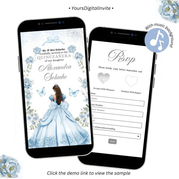 A18 Blue Coquette Bow Princess Quinceanera Invitation