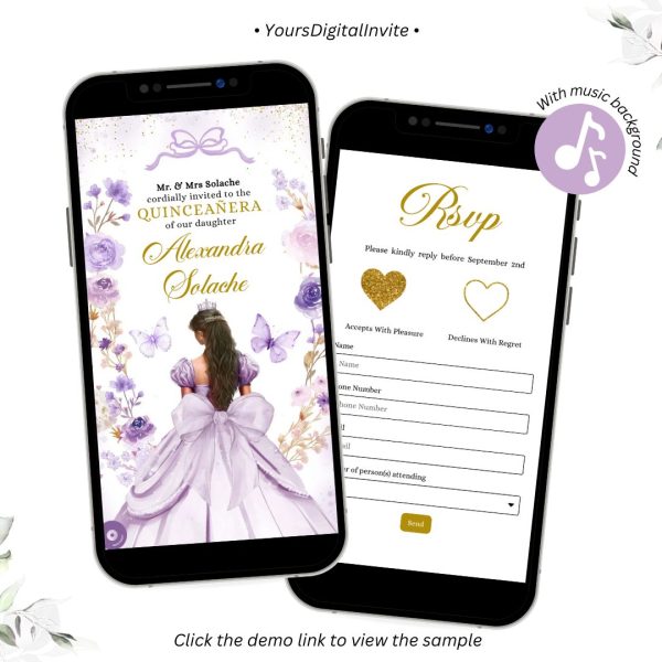 A18 Purple Coquette Bow Princess Quinceanera Invitation