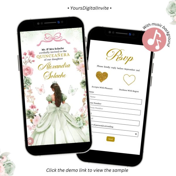 A18 Pink Sage Coquette Bow Princess Quinceanera Invitation
