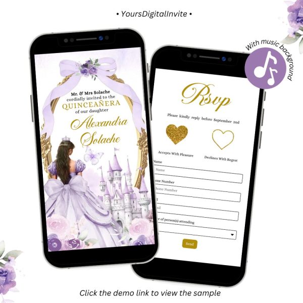 A6 Purple Coquette Bow Fairytale Castle Quinceanera Invitation