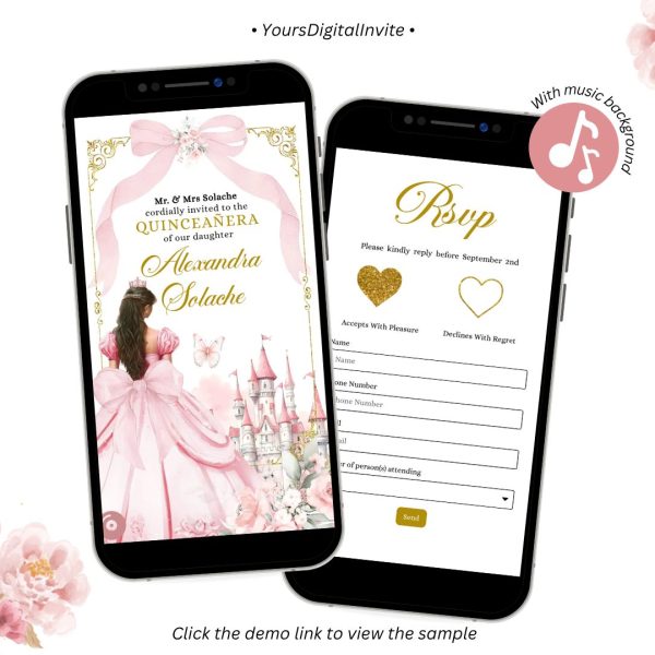 A6 Coquette Bow Fairytale Castle Quinceanera Invitation