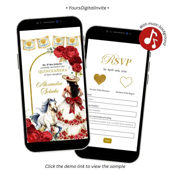 A30 Red And White Rose Charra Quinceanera Invitation