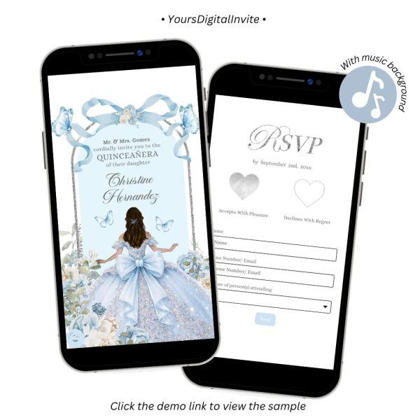 WZ20B Dusty Blue Bow Coquette Butterfly Silver Quinceanera Invitation